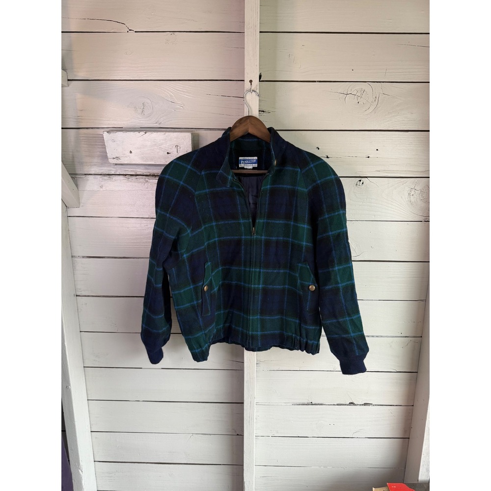 Pendleton Black Watch Plaid Wool Bomber Jacket Womens Petite Blue Green Zip Up